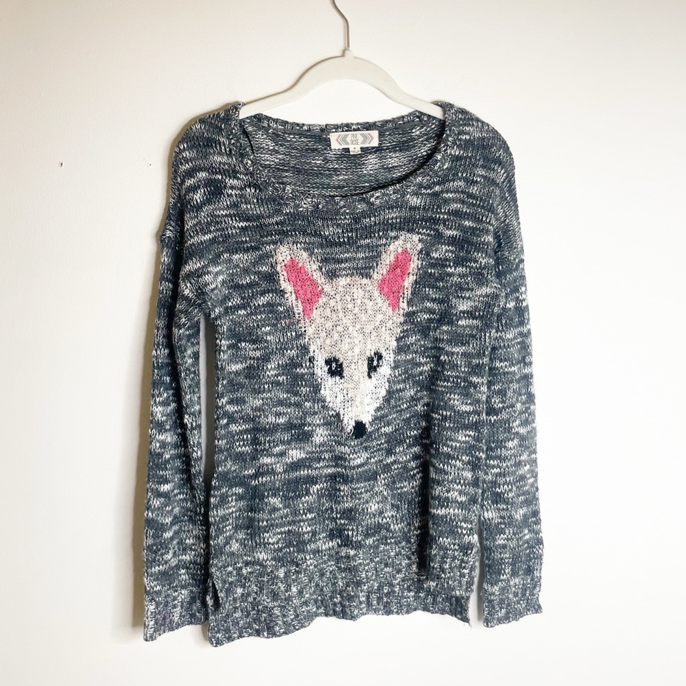 Pink Rose Fox Sweater Women Juniors Grey Black White Pullover Long Sleeve